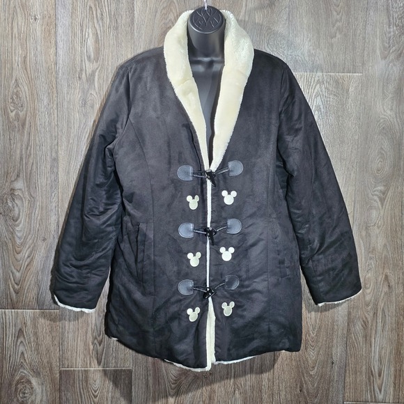 Disney Mickey Mouse Bradford Exchange Black Faux Suede Sherpa Toggle Coat  Sz M - Picture 1 of 15